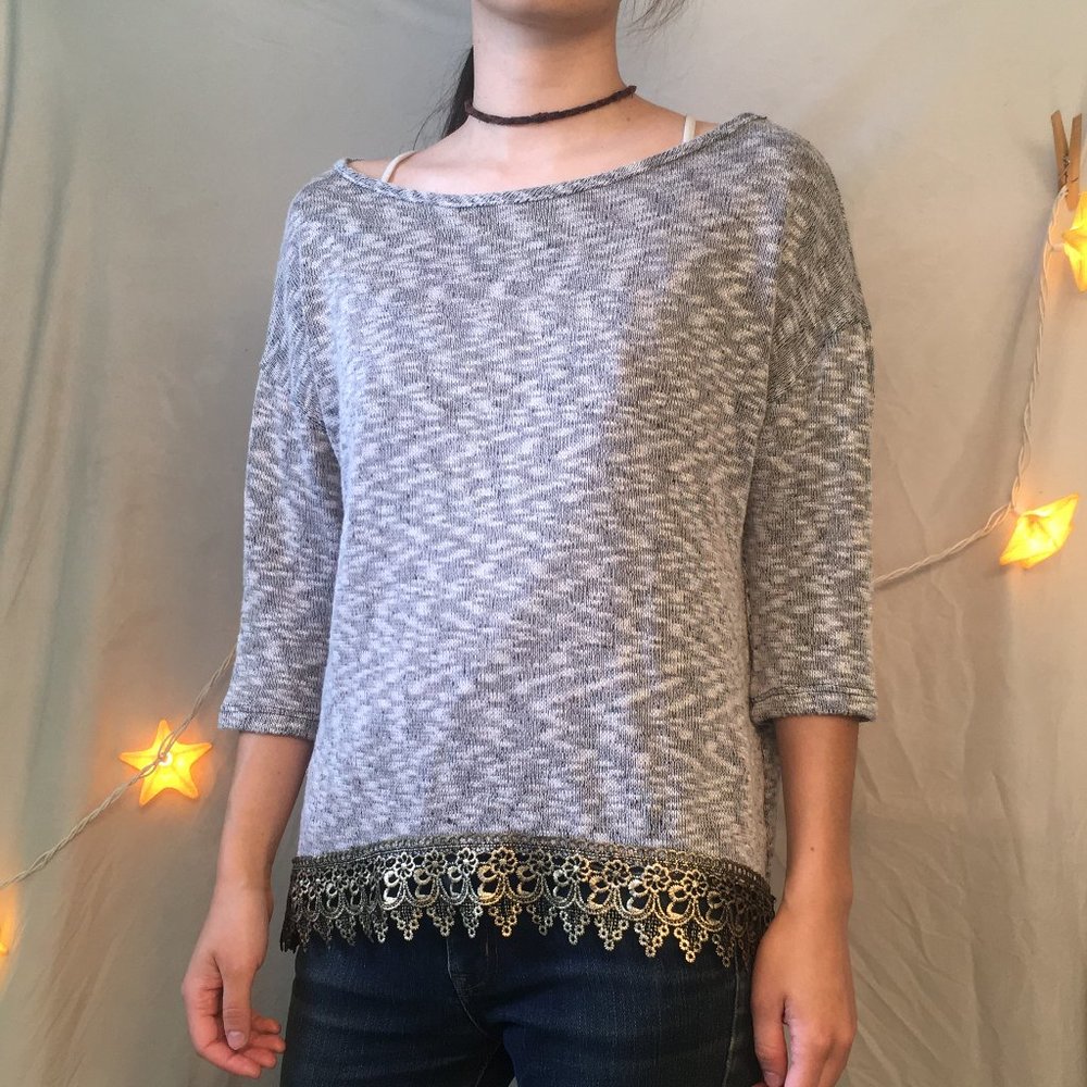 Alya Grey Knit Sweater Blouse Gold Lace Hem